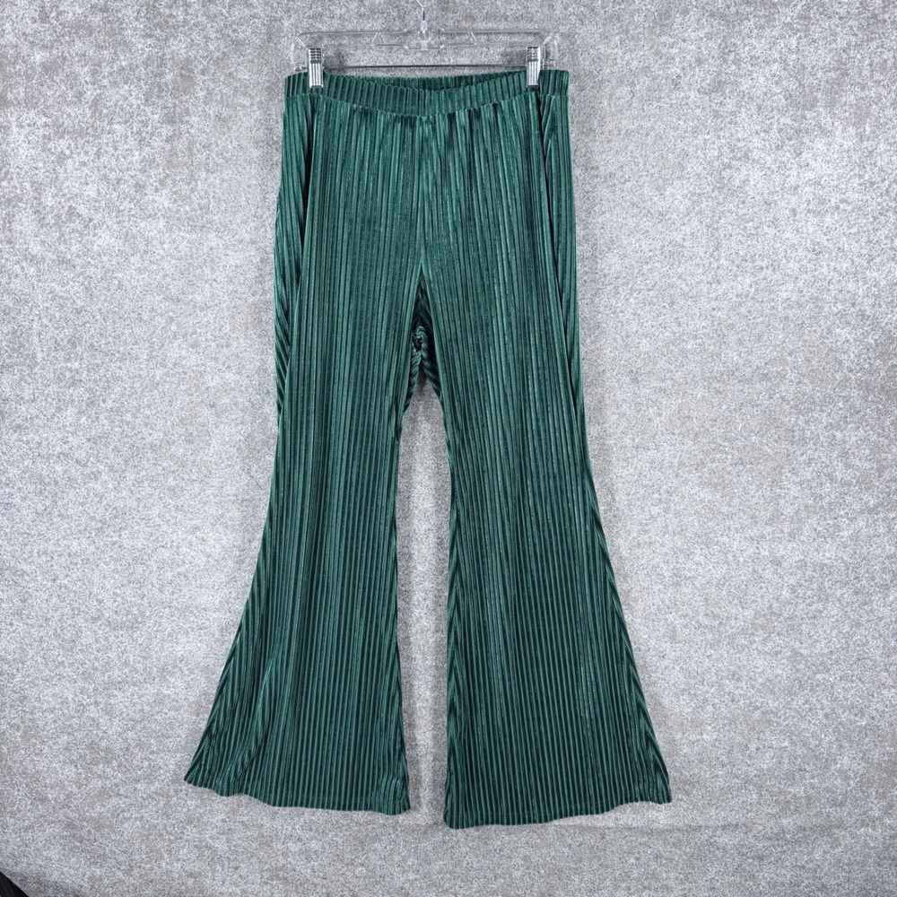 SHEIN Women's M Dark Green Ribbed Velvet High Rise Flare Pants Stretch Y2K Party